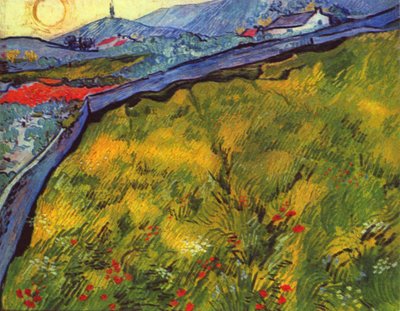 Paysage de montagne au lever du soleil avec prairie clôturée - Vincent van Gogh